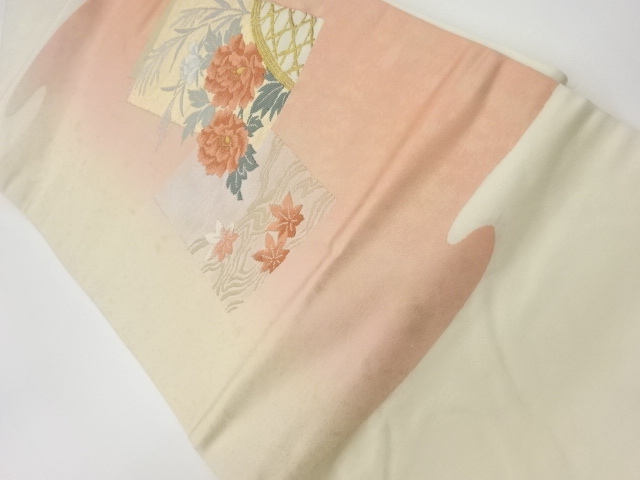 リサイクル　引箔色紙に紅葉・牡丹・蛇籠模様織出し名古屋帯